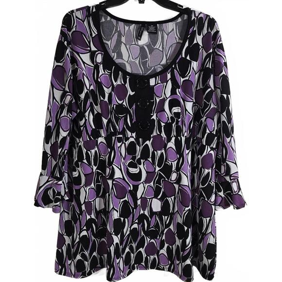 new directions Tops - New Directions Purple and Black Patterned Long Sleeve Tunic Top Plus Size 2X
